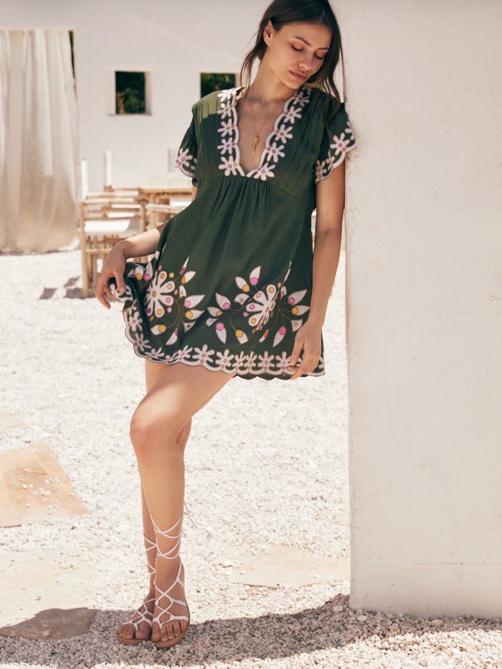 Anthropologie Olive Green Embroidered Babydoll Dress